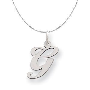 Silver, Ella Collection Medium Fancy Script Initial G Necklace - 20 In